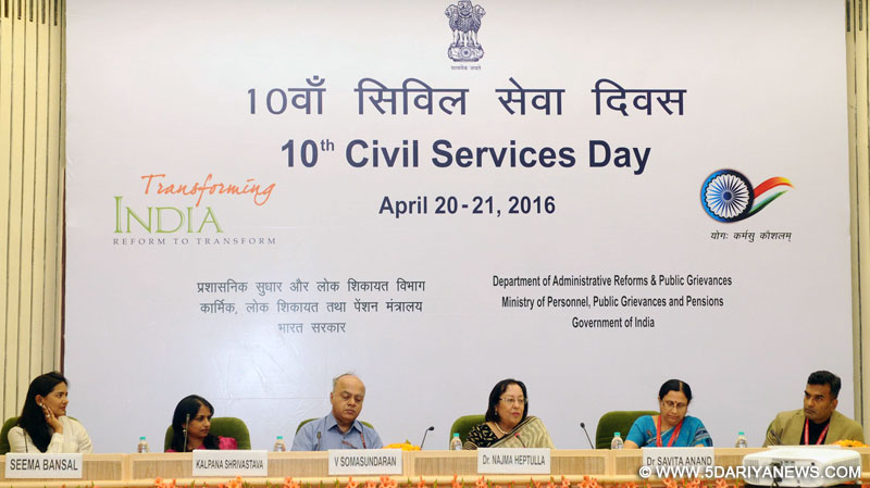 The Union Minister for Minority Affairs, Dr. Najma A. Heptulla at the inauguration of the 10th Civil Services Day, in New Delhi on April 20, 2016. The Secretary, WCD, Shri V. Somasundaran and other dignitaries are also seen.
