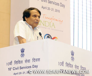The Union Minister for Railways,  Suresh Prabhakar Prabhu addressing at the inauguration of the 10th Civil Services Day, in New Delhi on April 20, 2016.