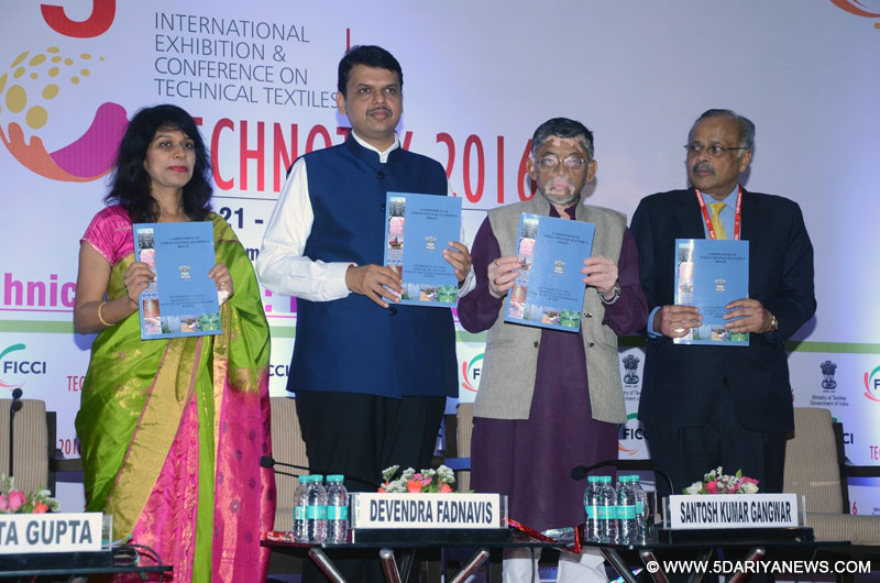 Maharashtra Chief Minister Devendra Fadnavis, Union textile minister Santosh Gangwar, Textile Commissioner Kavita Gupta and FICCI Textiles and Technical Textiles Committee Chairman Shishir Jaipuria during the inauguration of the 5th edition of Technotex 2016 in Mumbai on April 21, 2016. 