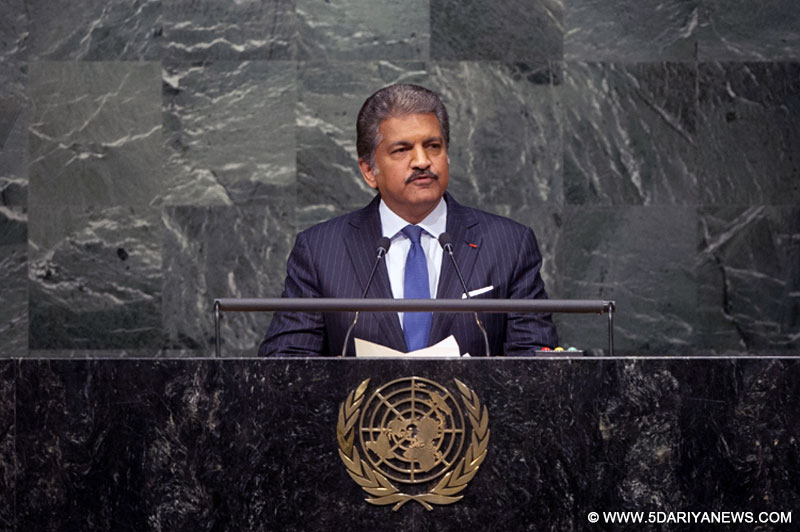 Anand Mahindra of the Mahindra Group addressed the opening of the signing ceremony for the Paris climate change agreement Friday, April 22, 2016, on behalf of the world