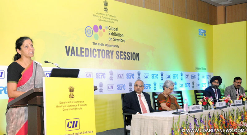 The Minister of State for Commerce & Industry (Independent Charge), Smt. Nirmala Sitharaman addressing the valedictory session of the Global Exhibition on Services-2016 (GES), at India Expo Centre & Mart, Greater Noida, Uttar Pradesh on April 23, 2016. The Commerce Secretary, Ms. Rita A. Teaotia and other dignitaries are also seen.