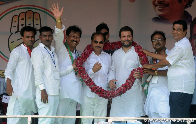 Congress vice president Rahul Gandhi during an election campaigning rally at Basirhat of North 24 parganas in West Bengal on April 23, 2016.