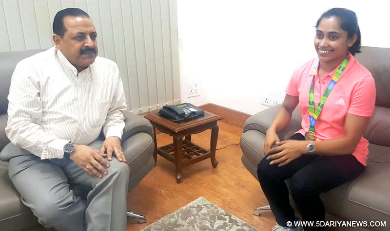 Ms. Dipa Karmakar, the 22 year old Tripura girl, who has achieved the distinction of becoming the first - ever female Indian Gymnast to qualify for Olympics, calling on the Minister of State for Development of North Eastern Region (I/C), Prime Minister’s Office, Personnel, Public Grievances & Pensions, Department of Atomic Energy, Department of Space, Dr. Jitendra Singh, in New Delhi on April 25, 2016.