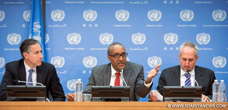 Peace Building Commission Chairman Ambassador Macharia Kamau, Permanent Representative of Kenya to the United Nations, right, at his press conference at the UN in New York