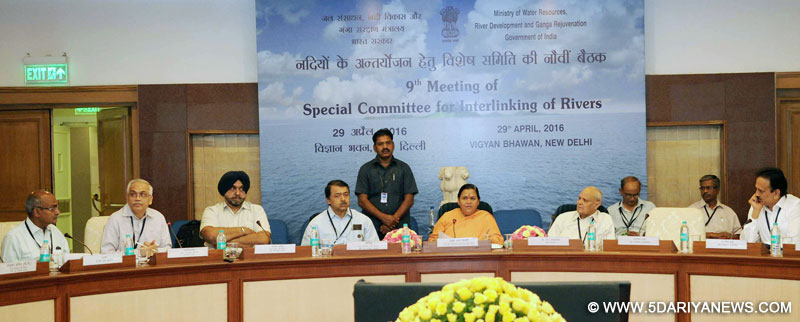 The Union Minister for Water Resources, River Development and Ganga Rejuvenation, Sushri Uma Bharti chairing the 9th meeting of the Special Committee for Interlinking of Rivers, in New Delhi on April 29, 2016. The Secretary, Ministry of Water Resources, River Development and Ganga Rejuvenation, Shri Shashi Shekhar and other dignitaries are also seen.