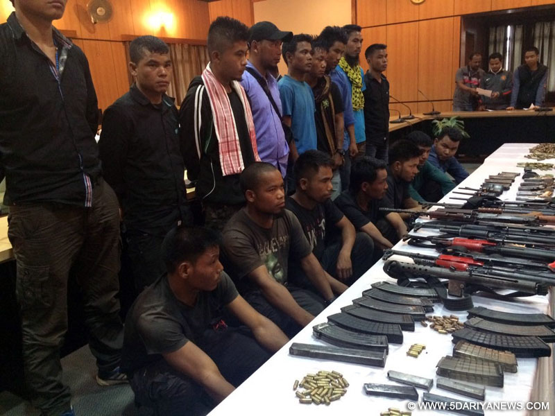The sixteen Garo National Liberation Army (GNLA) rebels who surrendered at Meghalaya Police Headquarters in Shillong on May 4, 2016. 