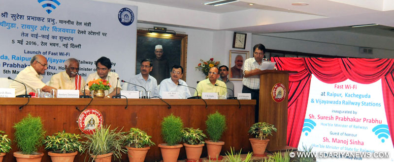 The Union Minister for Railways, Shri Suresh Prabhakar Prabhu inaugurating the Fast Wi-Fi services at Vijayawada (Andhra Pradesh), Kachiguda (Telangana) and Raipur (Chhattisgarh) Railway Stations, through Video Conferencing from Rail Bhavan, in New Delhi on May 05, 2016. The Minister of State for Labour and Employment (Independent Charge), Shri Bandaru Dattatreya, the Chairman, Railway Board, Shri A.K. Mital and other Board Members are also seen.