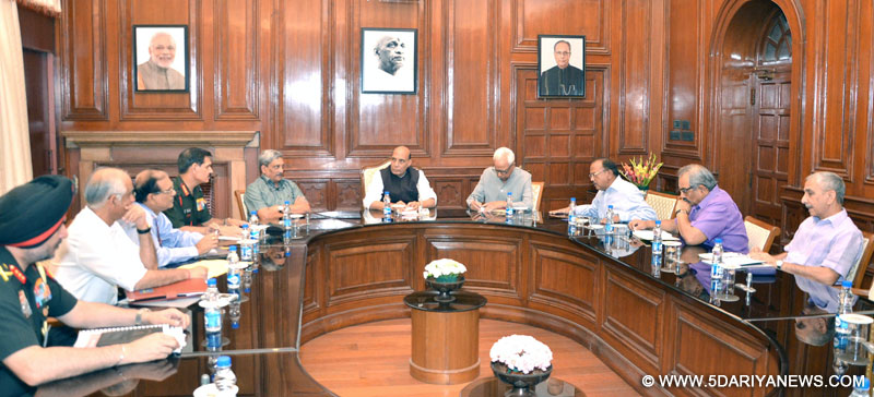 The Union Home Minister, Shri Rajnath Singh chairing a high level meeting to review the developmental projects of Jammu & Kashmir, in New Delhi on May 05, 2016. The Union Minister for Defence, Shri Manohar Parrikar, the Governor of Jammu & Kashmir Shri N.N. Vohra, the National Security Advisor, Shri Ajit Doval and other senior officers of Ministry of Home Affairs and Ministry of Defence are also seen.