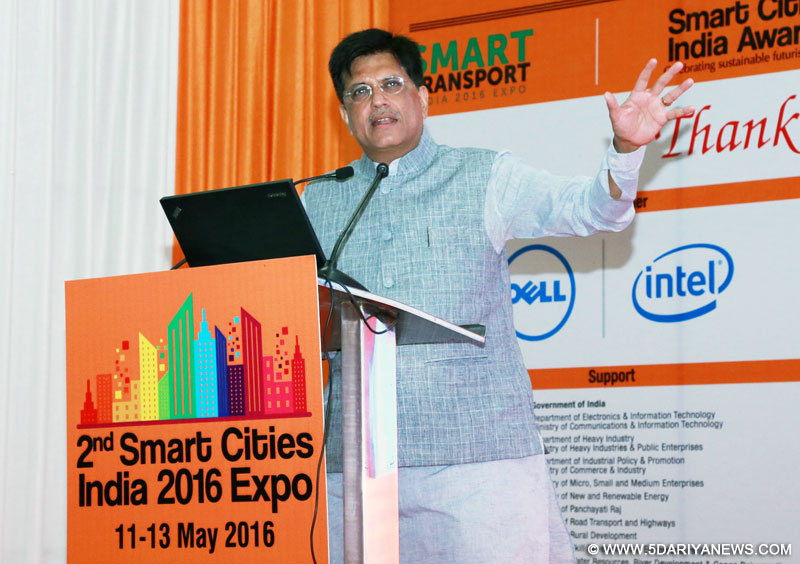 The Minister of State (Independent Charge) for Power, Coal and New and Renewable Energy, Shri Piyush Goyal addressing at the inauguration of the 2nd Smart Cities India 2016 Expo, in New Delhi on May 11, 2016.