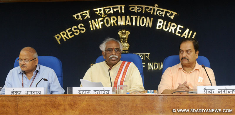 The Minister of State for Labour and Employment (Independent Charge), Shri Bandaru Dattatreya announcing the new scheme for bonded labour, at a press conference, in New Delhi on May 17, 2016. The Secretary, Ministry of Labour and Employment, Shri Shankar Aggarwal and the Director General (M&C), Press Information Bureau, Shri A.P. Frank Noronha are also seen.