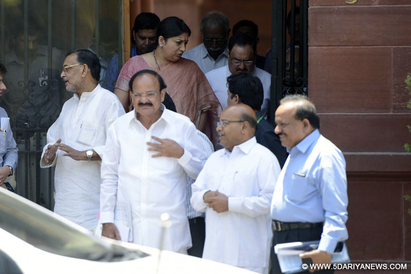  Union Ministers Venkaiah Naidu, Harsh Vardhan, Radha Mohan Singh, JP Nadda and Smriti Irani come out after a cabinet meeting at South Block in New Delhi, on May 18, 2016. 