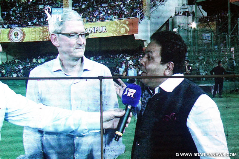 Apple CEO Tim Cook arrives to witness an IPL match between Gujarat Lions and Kolkata Knight Riders at Green Park in Kanpur on May 19, 2016. Also seen IPL chairman IPL chairman Rajeev Shukla. 