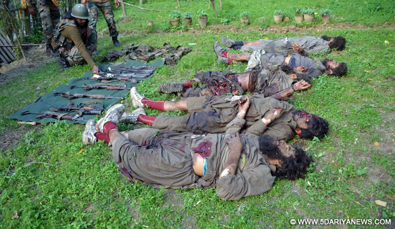 The bodies of the militants killed in an encounter at Drugmulla near Kupwara in Kashmir on May 21, 2016. 