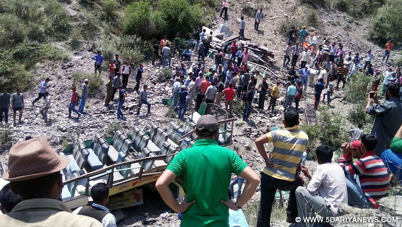 A view of mangled remains of the bus that fell into a gorge at Bijouri Pool near Shimla killing 11 people and injuring 25 others on May 21, 2016