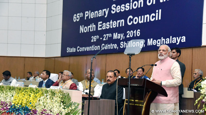 The Prime Minister, Shri Narendra Modi addressing at the inauguration of 65th Plenary Session of North East Council, in Shillong on May 27, 2016. The Governors and Chief Ministers of North Eastern States, the Minister of State for Development of North Eastern Region (I/C), Youth Affairs and Sports (I/C), Prime Minister’s Office, Personnel, Public Grievances & Pensions, Atomic Energy and Space, Dr. Jitendra Singh and other dignitaries are also seen.