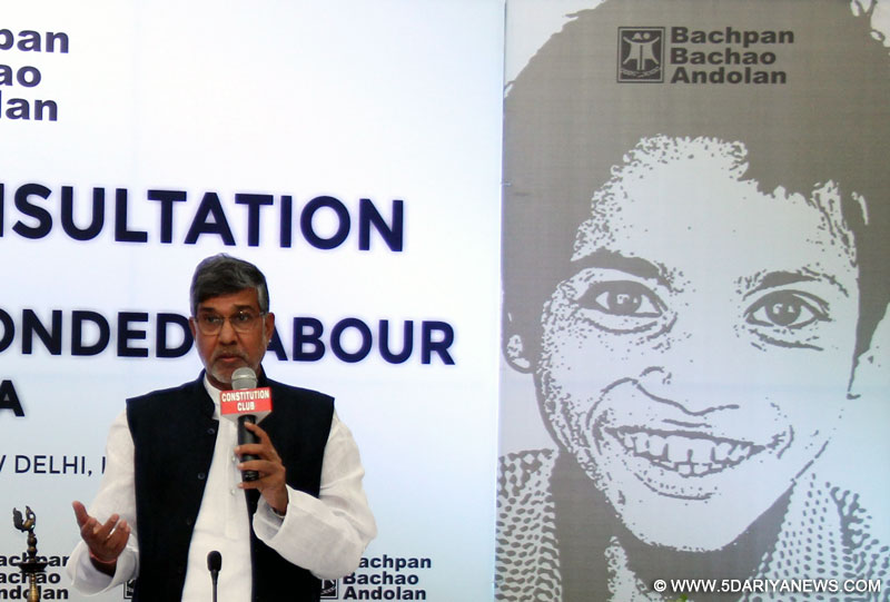 Nobel Peace Laureate Kailash Satyarthi addresses a press conference in New Delhi, on May 27, 2016.