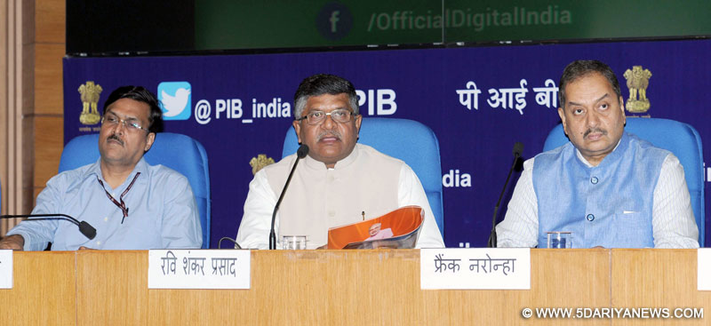 Ravi Shankar Prasad addressing a press conference on the achievements of the Ministry of C&IT during the two years of NDA Government, in New Delhi on May 30, 2016. The Secretary (Telecom), Shri J.S. Deepak and the Director General (M&C), Press Information Bureau, Shri A.P. Frank Noronha are also seen.