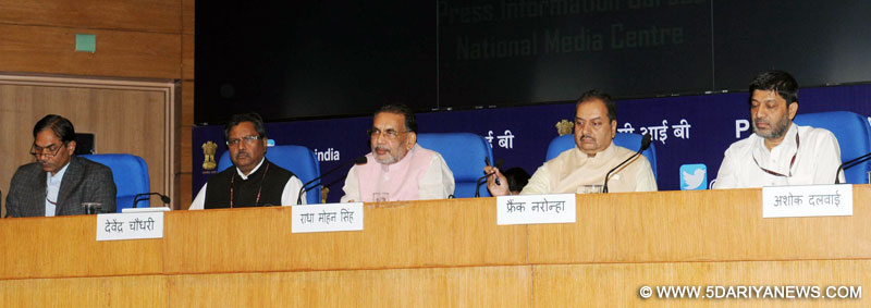 The Union Minister for Agriculture and Farmers Welfare, Shri Radha Mohan Singh addressing a press conference on policies and initiatives of his Ministry, in New Delhi on May 31, 2016. The Secretary, Department of Animal Husbandry, Dairying and Fisheries, Shri Devendra Chaudhry, the Director General (M&C), Press Information Bureau, Shri A.P. Frank Noronha and other dignitaries are also seen.