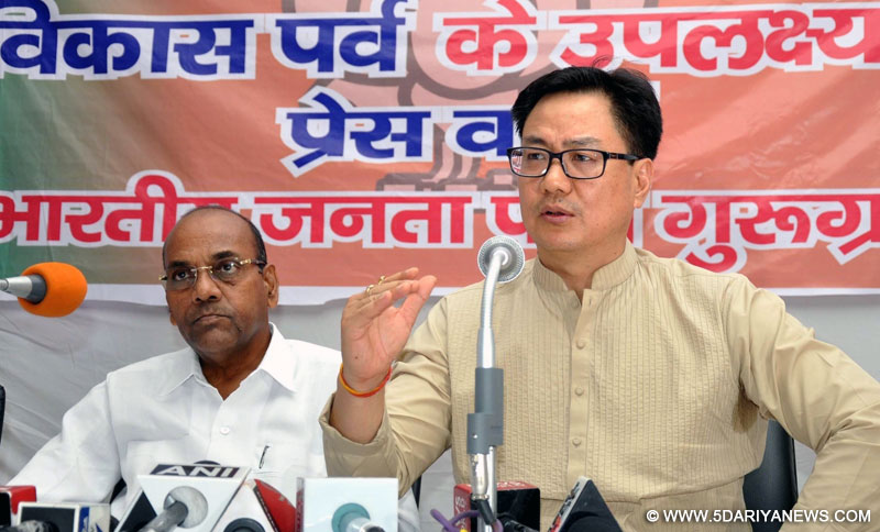 Union Ministers Kiren Rijiju and Anant Geete during a press conference regarding achievement of the Narendra Modi