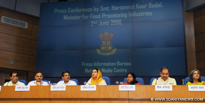 The Union Minister for Food Processing Industries, Smt. Harsimrat Kaur Badal addressing the press conference regarding the achievements of the Ministry of Food Processing Industries during the last two years, in New Delhi on June 02, 2016. The Minister of State for Food Processing Industries, Sadhvi Niranjan Jyoti, the Secretary, Ministry of Food Processing Industries, Shri Avinash Kumar Srivastava, the Director General (M&C), Press Information Bureau, Shri A.P. Frank Noronha and other dignitari