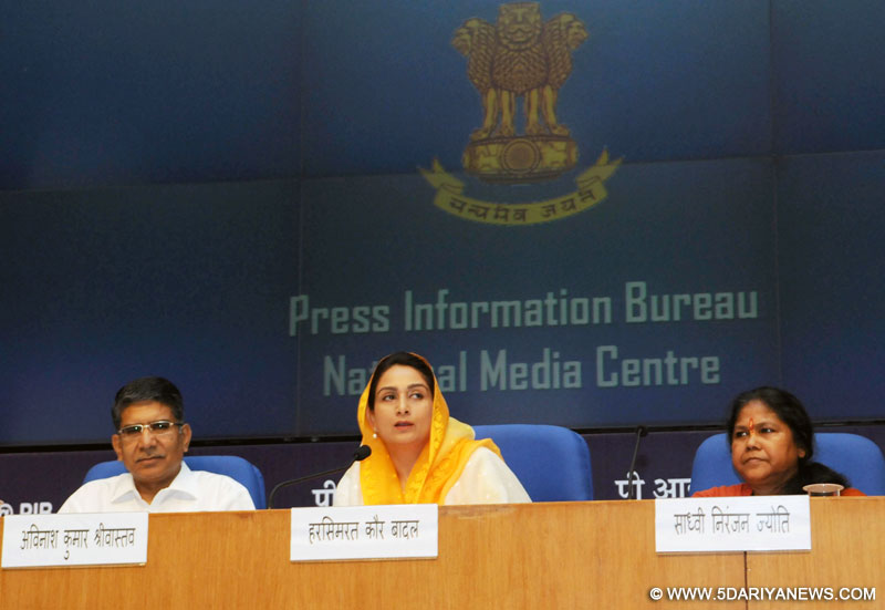 The Union Minister for Food Processing Industries, Smt. Harsimrat Kaur Badal addressing the press conference regarding the achievements of the Ministry of Food Processing Industries during the last two years, in New Delhi on June 02, 2016. The Minister of State for Food Processing Industries, Sadhvi Niranjan Jyoti and the Secretary, Ministry of Food Processing Industries, Shri Avinash Kumar Srivastava are also seen.