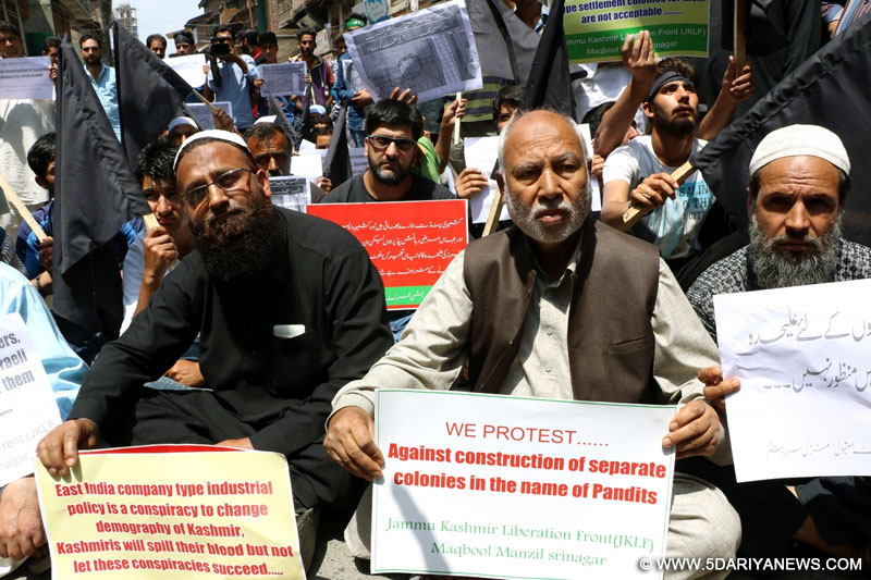 Jammu and Kashmir Liberation Front (JKLF) activists stage a demonstration against proposed Sainik and Pandit colonies in Srinagar, on June 3, 2016, 2016. 