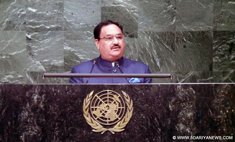 The Union Minister for Health & Family Welfare, Shri J.P. Nadda addressing the UNGA High Level Meeting on HIV/AIDS, in New York on June 08, 2016.