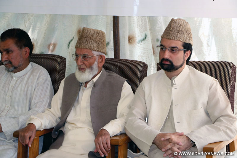 Hurriyat leaders Syed Ali Shah Geelani, Mirwaiz Umar Farooq and others during a day-long seminar against proposed Sainik and Pandit colonies at Tehreek-e-Hurriyat office, in Srinagar, on June 12, 2016, 2016.