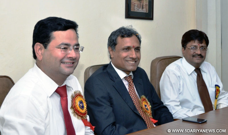 M. K. Sharma, GM, North, Dena Bank (In Black Coat),  C. S. Meena (Right), Dr. Anshu Kataria (Left) (2)