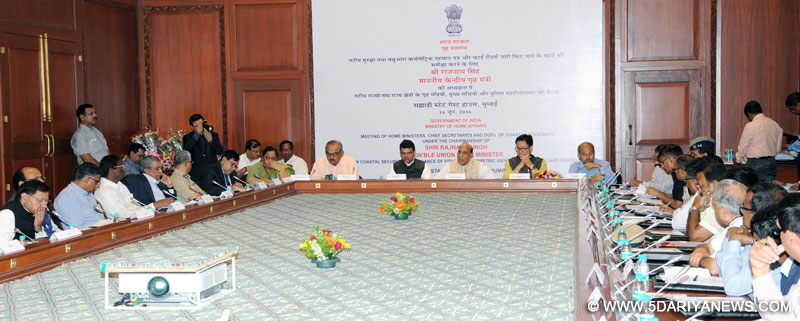 The Union Home Minister, Shri Rajnath Singh chairing a meeting of the Home Ministers, Chief Secretaries, DGPs of Coastal States and Union Territories on Coastal Security, in Mumbai on June 16, 2016, The Chief Minister of Maharashtra, Shri Devendra Fadnavis, the Minister of State for Home Affairs, Shri Kiren Rijiju, the Union Home Secretary, Shri Rajiv Mehrishi and other dignitaries are also seen.