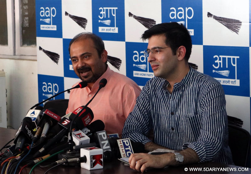 Aam Aadmi Party (AAP) leaders Dilip Pandey and Raghav Chadha during a press conference in New Delhi on June 18, 2016. 