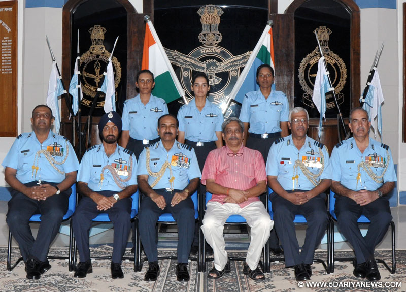 The Union Minister for Defence, Shri Manohar Parrikar with three newly commissioned women fighter pilots Flying Officer Avani Chaturvedi, Flying Officer Bhavana Kanth, Flying Officer Mohana Singh, at Air Force Academy, Hyderabad on June 18, 2016.