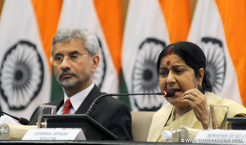 External Affairs Minister Sushma Swaraj addresses a press conference in New Delhi, on June 19, 2016. Also seen Foreign Secretary S Jaishankar. 