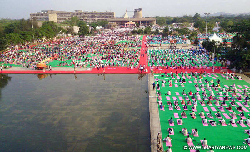 An aerial view of the rehearsal for Main Event of the International Day of Yoga-2016, at Capitol Complex Chandigarh on June 19, 2016.