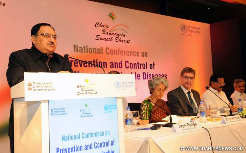 The Union Minister for Health & Family Welfare, Shri J.P. Nadda addressing at the inauguration of the National Conference on Non-Communicable Diseases, in New Delhi on June 22, 2016. The Minister of State for AYUSH (Independent Charge) and Health & Family Welfare, Shri Shripad Yesso Naik and other dignitaries are also seen.