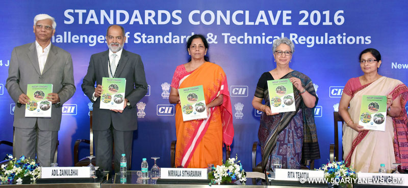 Nirmala Sitharaman releasing the QCI IndGAP voluntary certification scheme for good agricultural practices, at the inauguration of the 3rd National Standards Conclave 2016