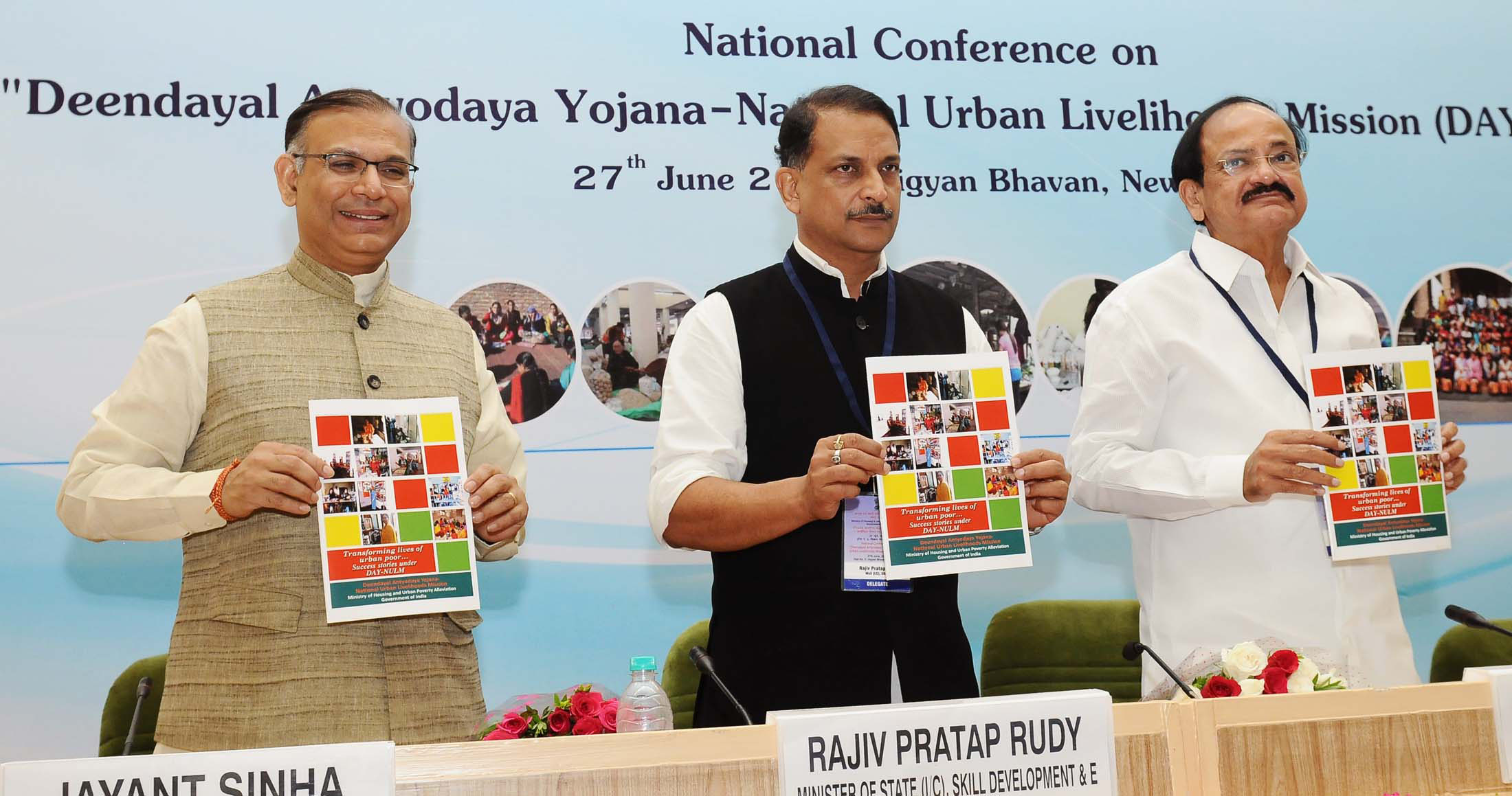 The Union Minister for Urban Development, Housing and Urban Poverty Alleviation and Parliamentary Affairs, Shri M. Venkaiah Naidu releasing the publication at the National Conference on Urban Poverty Alleviation, in New Delhi on June 27, 2016. The Minister of State for Skill Development & Entrepreneurship (Independent Charge) and Parliamentary Affairs, Shri Rajiv Pratap Rudy and the Minister of State for Finance, Shri Jayant Sinha are also seen.