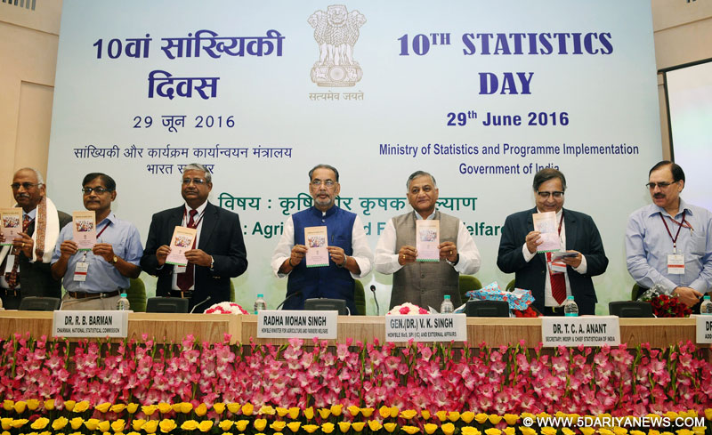 The Union Minister for Agriculture and Farmers Welfare, Shri Radha Mohan Singh releasing the booklet titled “Elderly in India-2016”, at the celebrations of the 10th National Statistics Day 2016, on the theme ‘Agriculture and Farmers Welfare’, in New Delhi on June 29, 2016. The Minister of State for Statistics and Programme Implementation (I/C) and External Affairs, General (Retd.) V.K. Singh, the Secretary, Ministry of Statistics and Programme Implementation, Dr. T.C.A. Anant and other dignitari