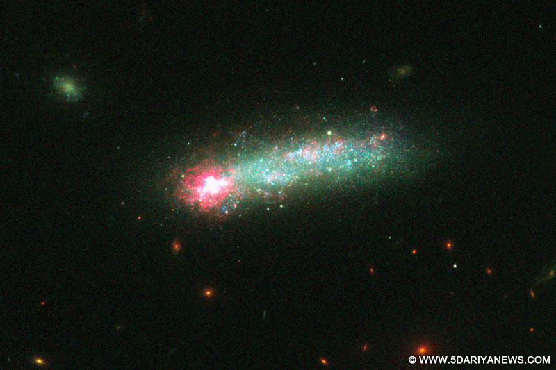 NASA Hubble Space Telescope captures a firestorm of star birth lighting up one end of the diminutive galaxy Kiso 5639.