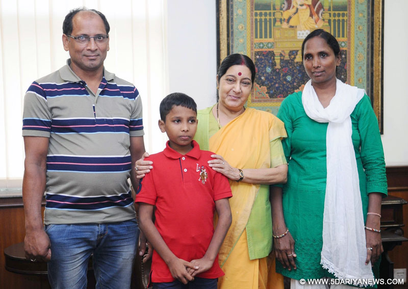 Union Minister for External Affairs Sushma Swaraj welcomes home Sonu, the Indian boy who went missing from Delhi six years ago and was traced in Bangladesh in New Delhi on June 30, 2016. 