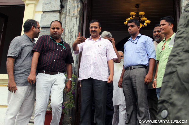 Delhi Chief Minister and AAP leader Arvind Kejriwal comes out after meeting Archbishop of Goa, Filipe Neri Ferrao at Bishop Palace in Altinho, Panaji on June 30, 2016. 