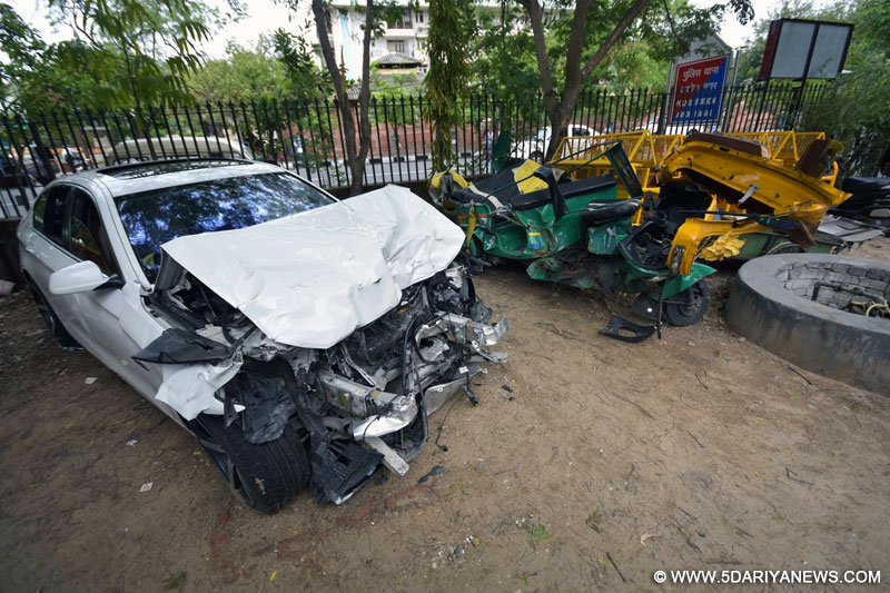 The mangled remains of the BMW car, that was being driven by the son of a Rajasthan legislator and hit an auto rickshaw and a PCR van, killing three persons and injuring five others in Jaipur, on July 2, 2016. 