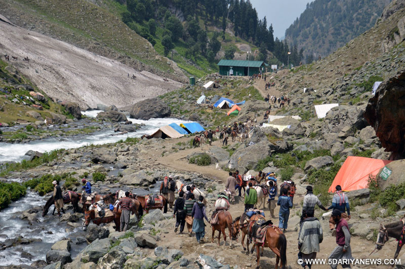 Pilgrims on Amarnath Yatra -journey to the holy cave of Amarnath- in Chandanwari of Jammu and Kashmir 
