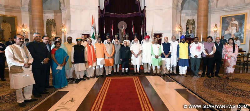 The President, Shri Pranab Mukherjee, the Vice President, Shri M. Hamid Ansari and the Prime Minister, Shri Narendra Modi with the newly inducted Ministers after a Swearing-in Ceremony, at Rashtrapati Bhavan, in New Delhi on July 05, 2016.