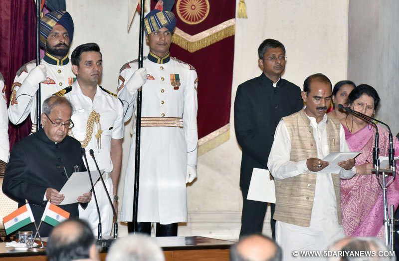 The President, Shri Pranab Mukherjee administering the oath as Minister of State to Shri Ajay Tamta, at a Swearing-in Ceremony, at Rashtrapati Bhavan, in New Delhi on July 05, 2016.