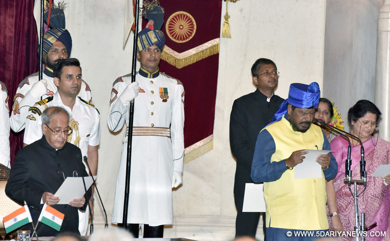 The President, Shri Pranab Mukherjee administering the oath as Minister of State to Shri Ramdas Athawale, at a Swearing-in Ceremony, at Rashtrapati Bhavan, in New Delhi on July 05, 2016.