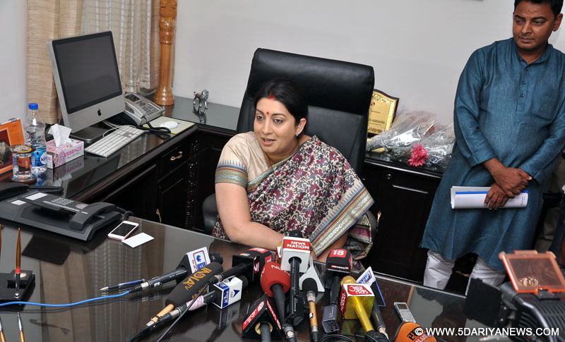 Smriti Irani addressing the media persons, on taking charge as the Union Textiles Minister, in New Delhi on July 06, 2016.