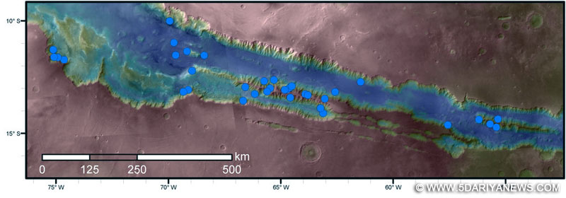 Blue dots on this map indicate sites of recurring slope lineae (RSL) in part of the Valles Marineris canyon network   on Mars. RSL are seasonal dark streaks that may be indicators of liquid water. The area mapped here has the highest density   of known RSL on Mars. 