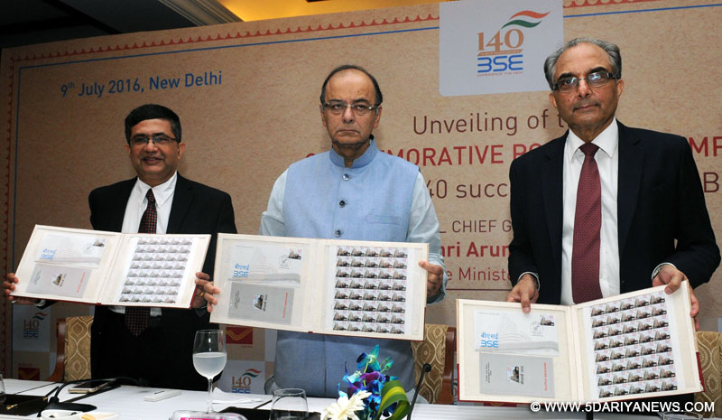 The Union Minister for Finance and Corporate Affairs, Shri Arun Jaitley releasing the commemorative postage stamp, on the celebrations of the 140 years of BSE, in New Delhi on July 09, 2016. 