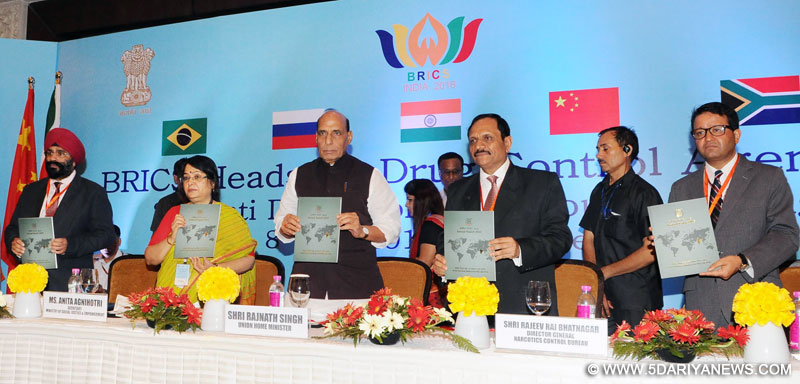 The Union Home Minister, Shri Rajnath Singh releasing the publication at the inauguration of the BRICS Heads of Drug Control Agencies Working Group Meeting, in New Delhi on July 08, 2016. The Secretary, Ministry of Social Justice and Empowerment, Ms. Anita Agnihotri and other dignitaries are also seen.